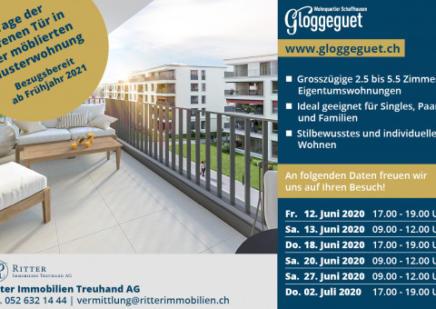 Save the Date! Wir laden Sie herzlich zu den Tagen der offenen Tür in der Wohnüberbauung «Gloggegeut» in 8207 Schaffhausen-Herblingen ein.